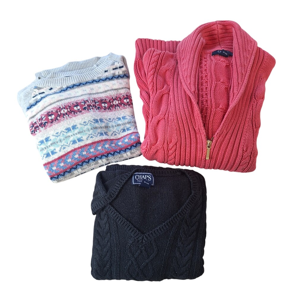 Chaps Sweater Womens Large Lot 3 Full Zip Cable Knit Aztec V-neck Sparkle Acryl